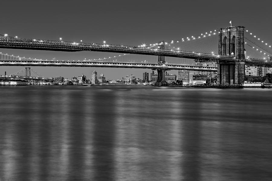 Brooklyn Manhattan and Williamsburg Bridges NYC BW Photograph by Susan Candelario
