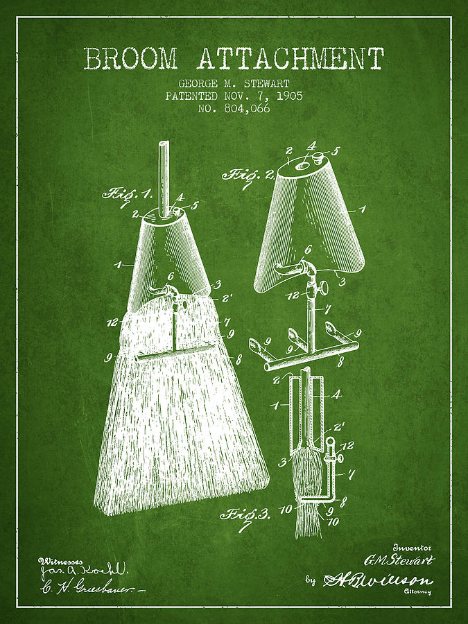 Vintage Digital Art - Broom Attachment Patent from 1905 - Green by Aged Pixel