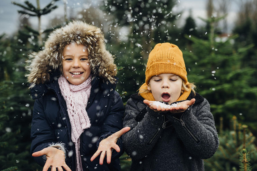 Brother and sister having fun with snow before Christmas Photograph by Westend61