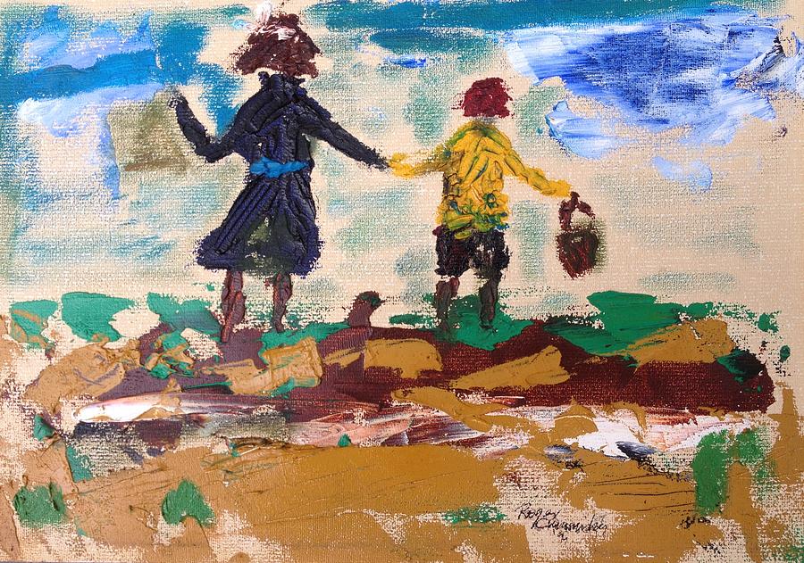 Brother and Sister Playing in the field. Painting by Roger Cummiskey