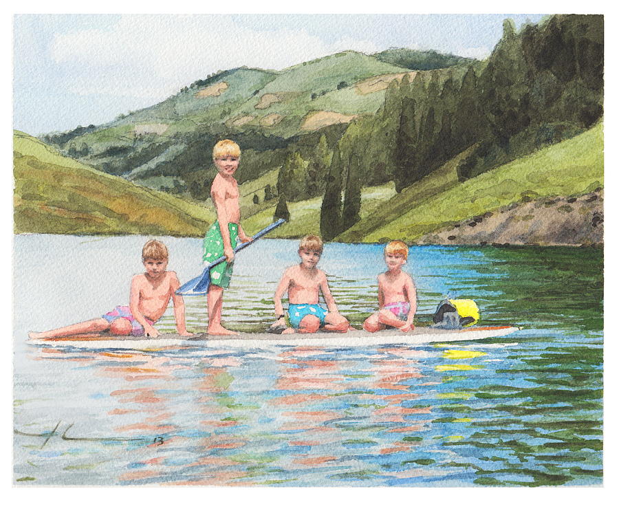 Brothers Surfing Watercolor Portrait Drawing by Mike Theuer Brothers Surfing Watercolor Portrait Drawing by Mike Theuer