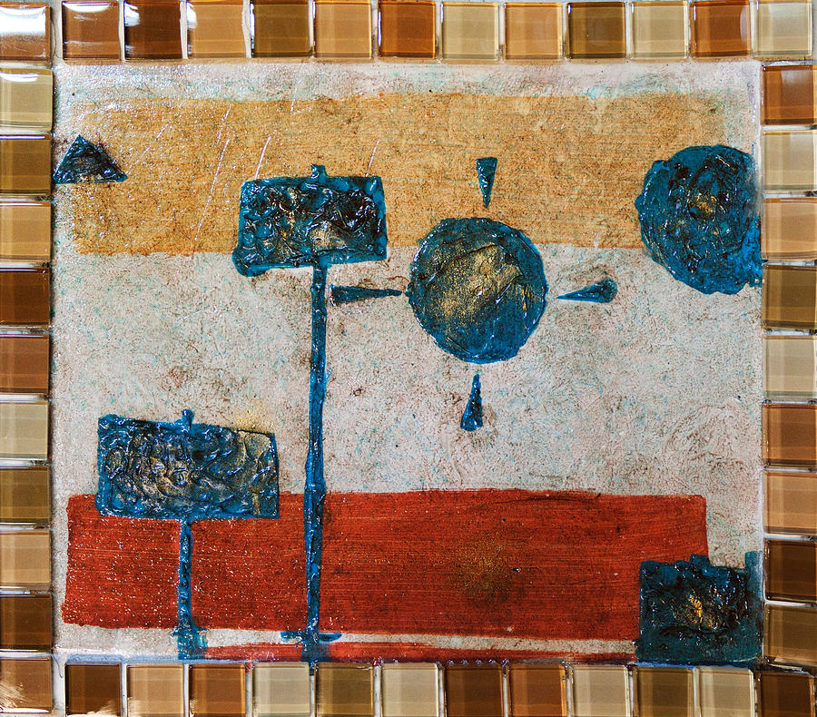 Brown and Teal Geometric Abstract with Texture glass and gold flakes Painting by MendyZ
