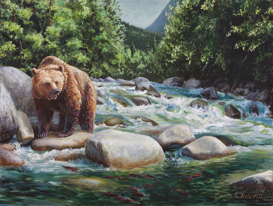 Brown Bear and Salmon on the River - Alaskan Wildlife Landscape Painting by K Whitworth