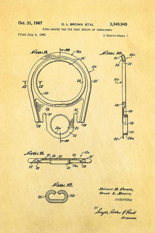 Vintage Photograph - Brown Can Ring Pull Patent Art  3 1967 by Ian Monk