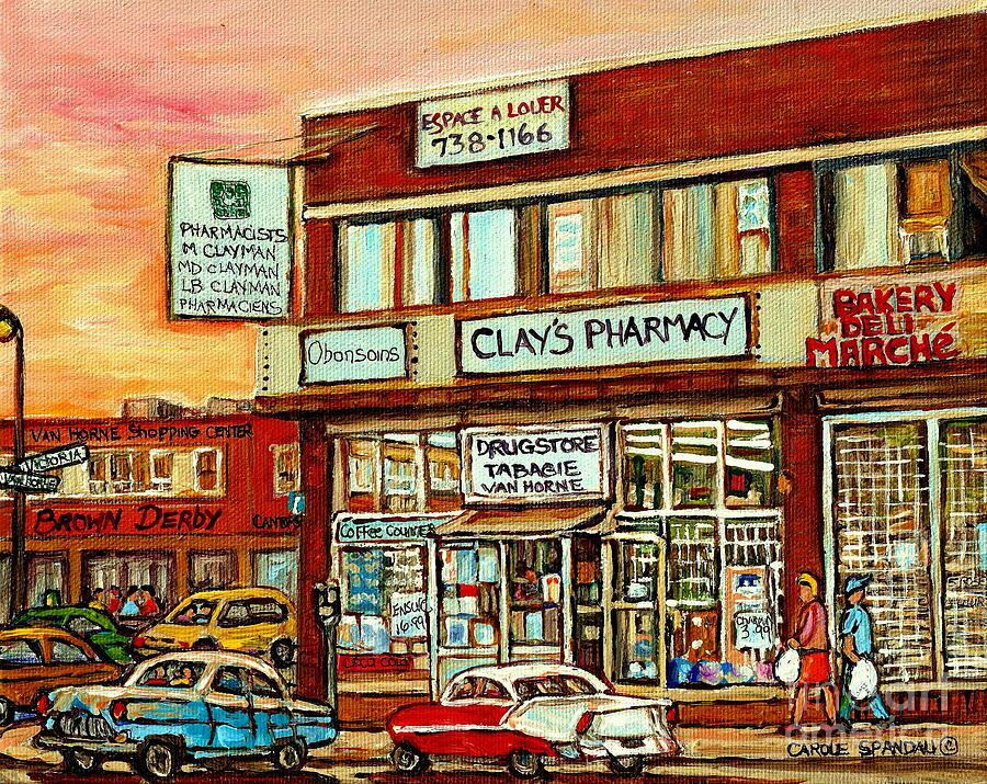 Brown Derby Van Horne Shopping Center Clays Pharmacy Montreal Paintings City Scenes Carole Spandau Painting by Carole Spandau