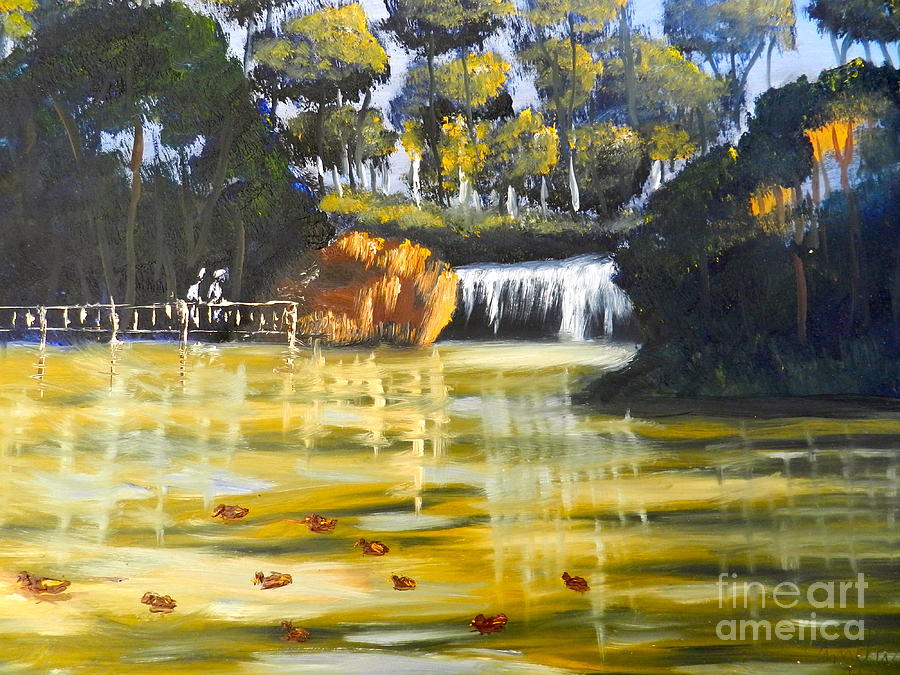 Impressionism Painting - Brown Ducks near the Waterfall by Pamela  Meredith