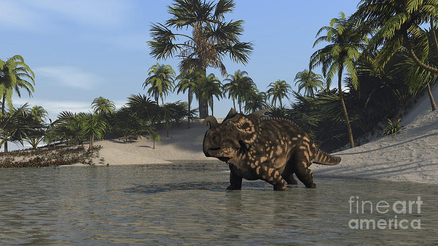 Brown Einiosaurus In Shallow Water Digital Art by Kostyantyn Ivanyshen