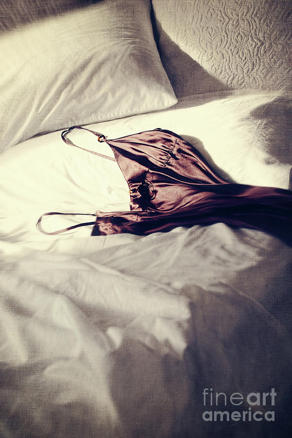 Brown negligee laying across sheets on bed by Sandra Cunningham