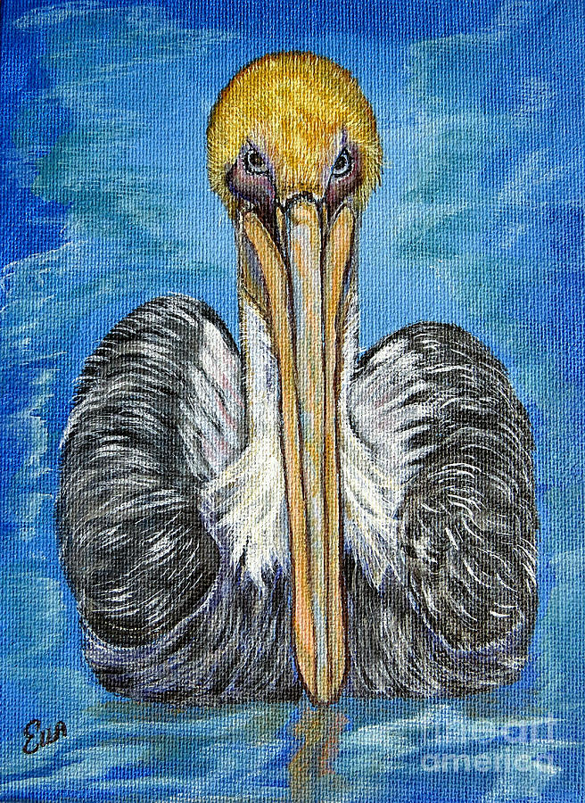 Brown Pelican Floating in the Deep Blue Sea Painting by Ella Kaye Dickey