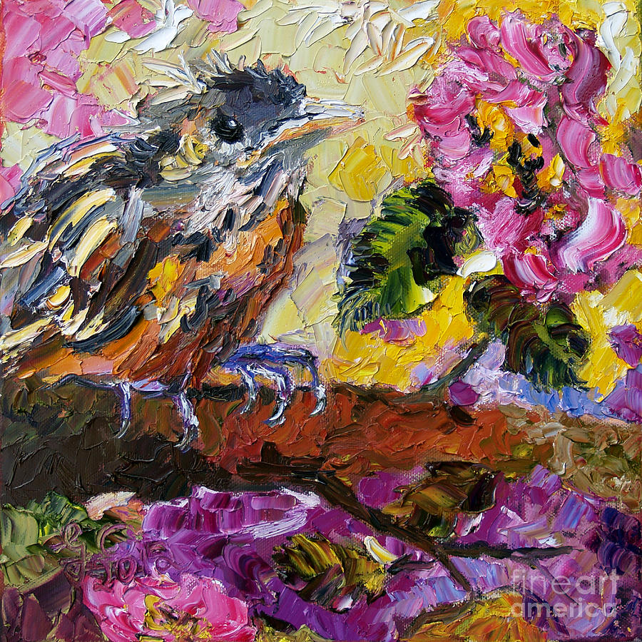 Brown Thrasher Baby Bird by Roses Painting by Ginette Callaway