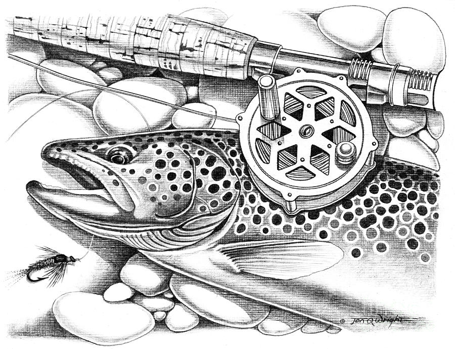 Fish Painting - Brown Trout and Antique Reel by JQ Licensing