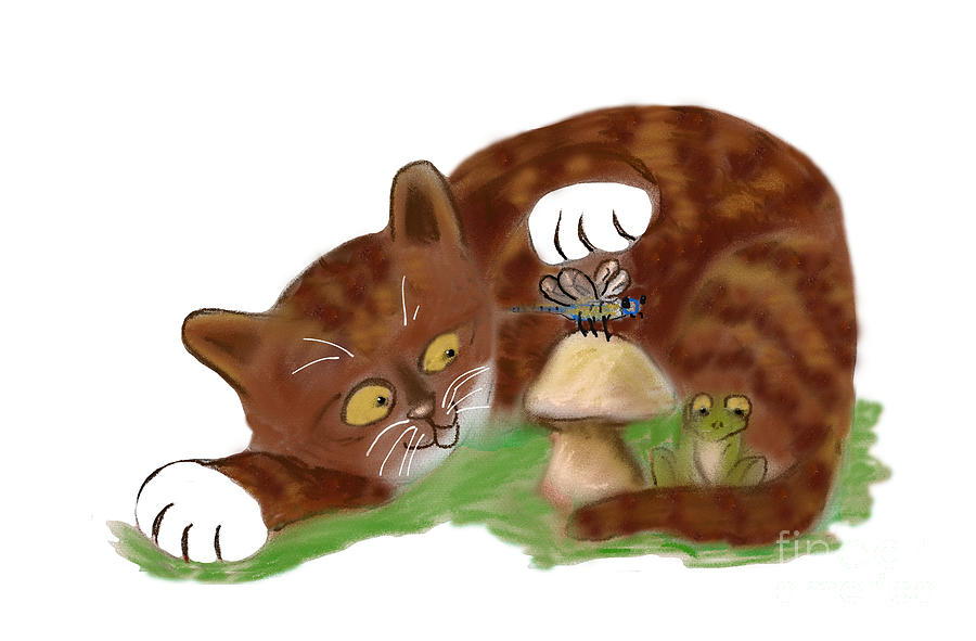 Brown Tuxedo Kitten Plays with Frog and Dragonfly Digital Art by Ellen Miffitt