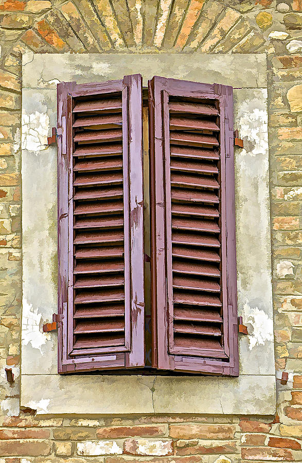 Brown Wood Shutters on an Exposed Brick Wall in Tuscany Photograph by David Letts