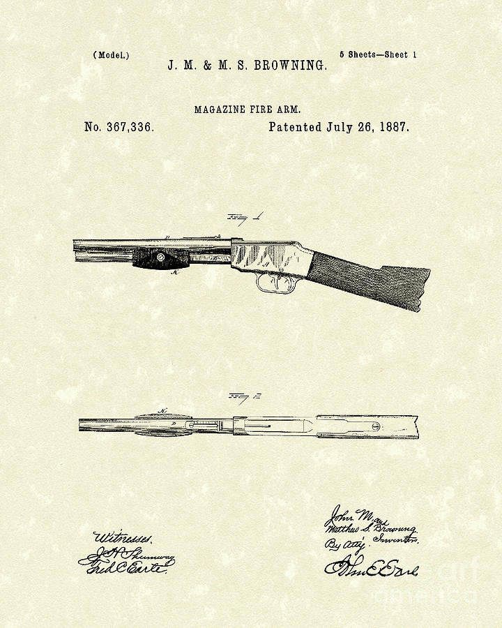Browning Fire Arm 1887 Patent Art Drawing by Prior Art Design