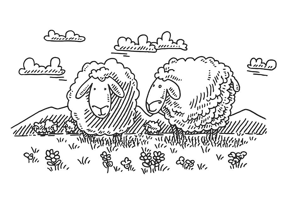 Browsing Cartoon Sheep On Meadow Drawing Drawing by FrankRamspott