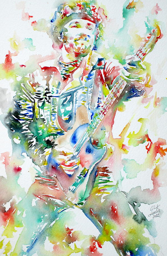 BRUCE SPRINGSTEEN PLAYING the GUITAR WATERCOLOR PORTRAIT Painting by Fabrizio Cassetta