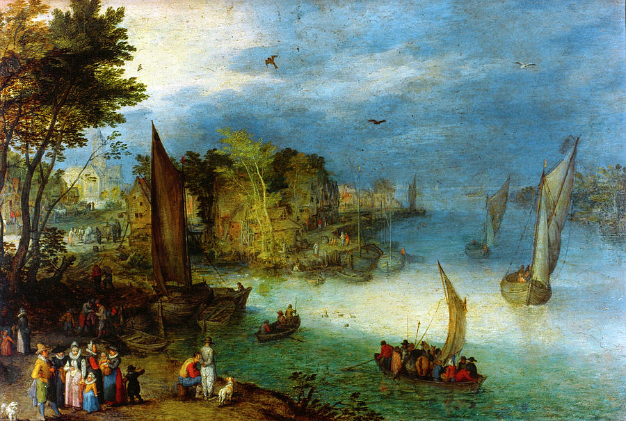 Dog Painting - Brueghel River Scene by Granger