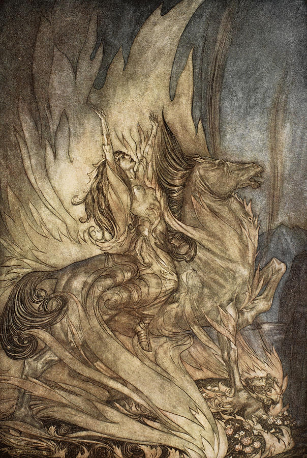 Valkyrie Drawing - Brunnhilde On Grane Leaps by Arthur Rackham