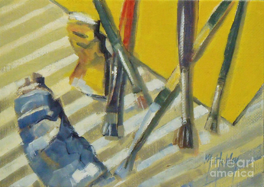 Paintbrush Still Life Painting - Brushes and Paints for Artists Palette by Mary Hubley