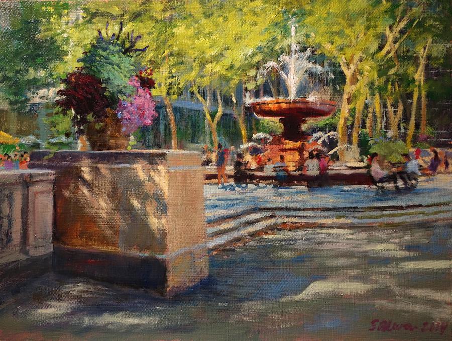 Landscape Painting - Bryant Park - Afternoon at the Fountain Terrace by Peter Salwen