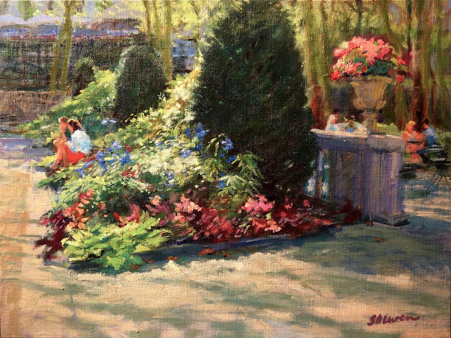Bryant Park - Morning Light in the Garden Painting by Peter Salwen