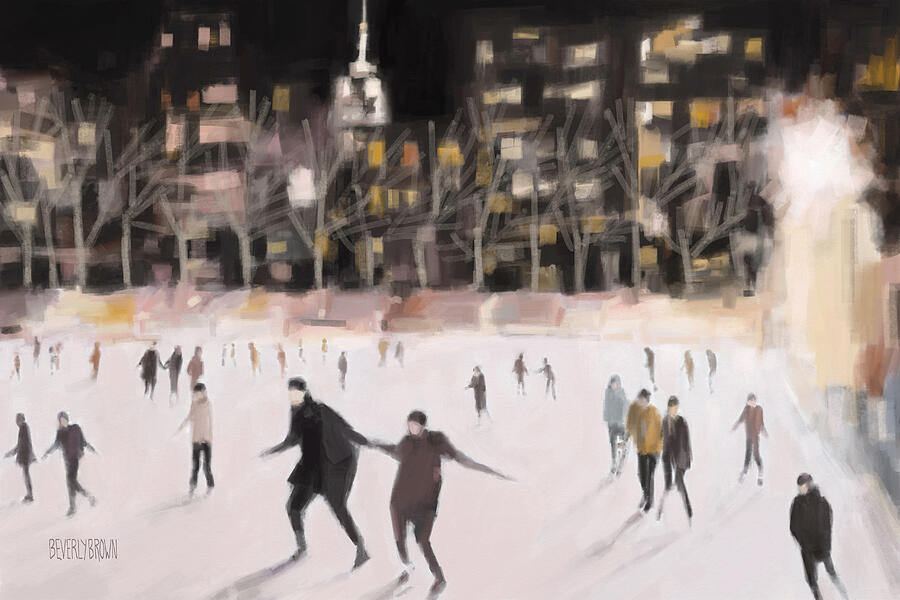 Bryant Park Ice Skaters New York at Night Painting by Beverly Brown