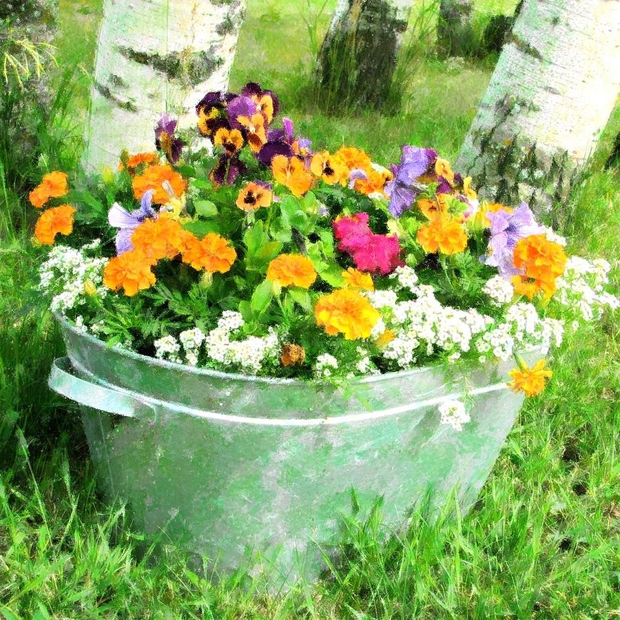Bucket Of Flowers Mixed Media by Florene Welebny