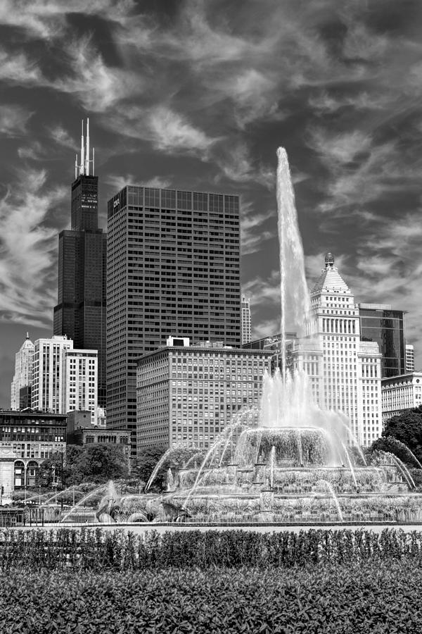 Buckingham Fountain Sears Tower Black and White Photograph by Christopher Arndt