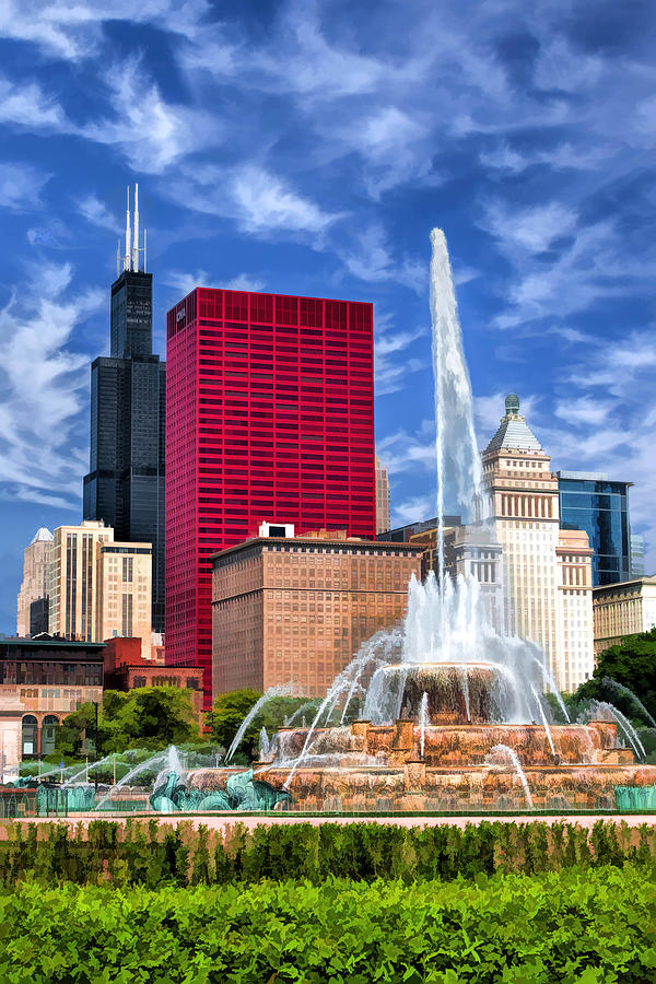 Chicago Buckingham Fountain Sears Tower Painting by Christopher Arndt