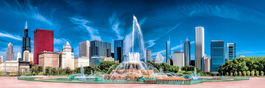 Chicago Buckingham Fountain Skyline Panorama Painting by Christopher Arndt