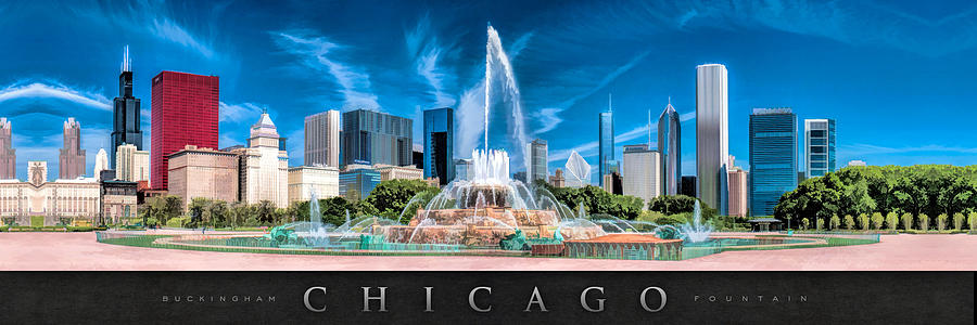 Buckingham Fountain Skyline Panorama Poster Painting by Christopher Arndt
