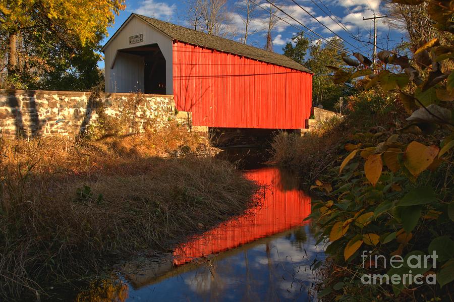 Bucks County Red Covered Bridge Reflections Photograph by Adam Jewell