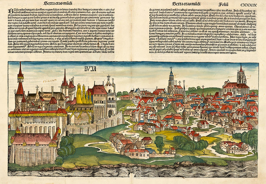 Budapest Hungary 1493 with manuscript Painting by Vincent Monozlay