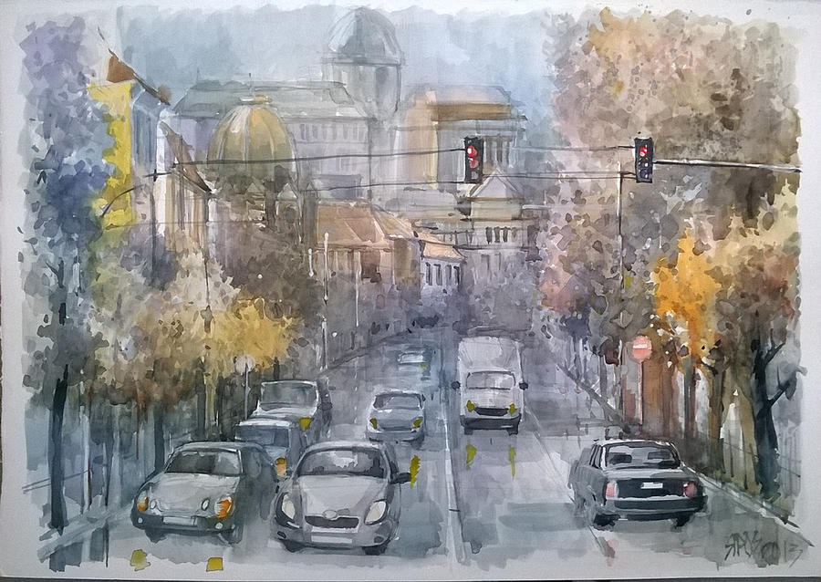 Budapest traffic  Painting by Lorand Sipos