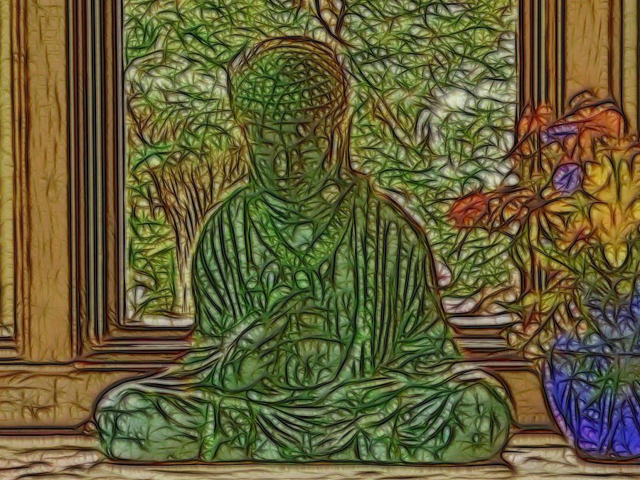 Buddha in Window with Blue Vase Digital Art by Larry Capra