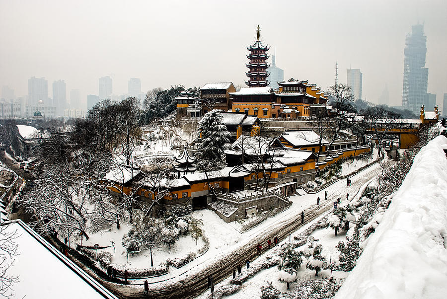 Buddha - Jiming Temple in the Snow - colour version  Photograph by Dean Harte