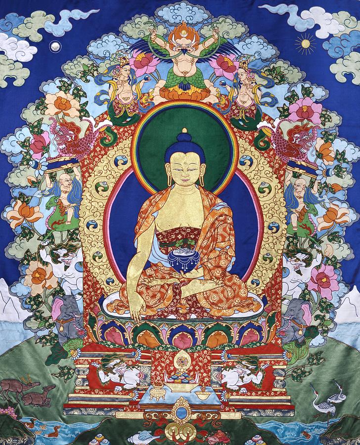 Buddha Tapestry - Textile - Buddha Shakyamuni and the Six Supports by Leslie Rinchen-Wongmo