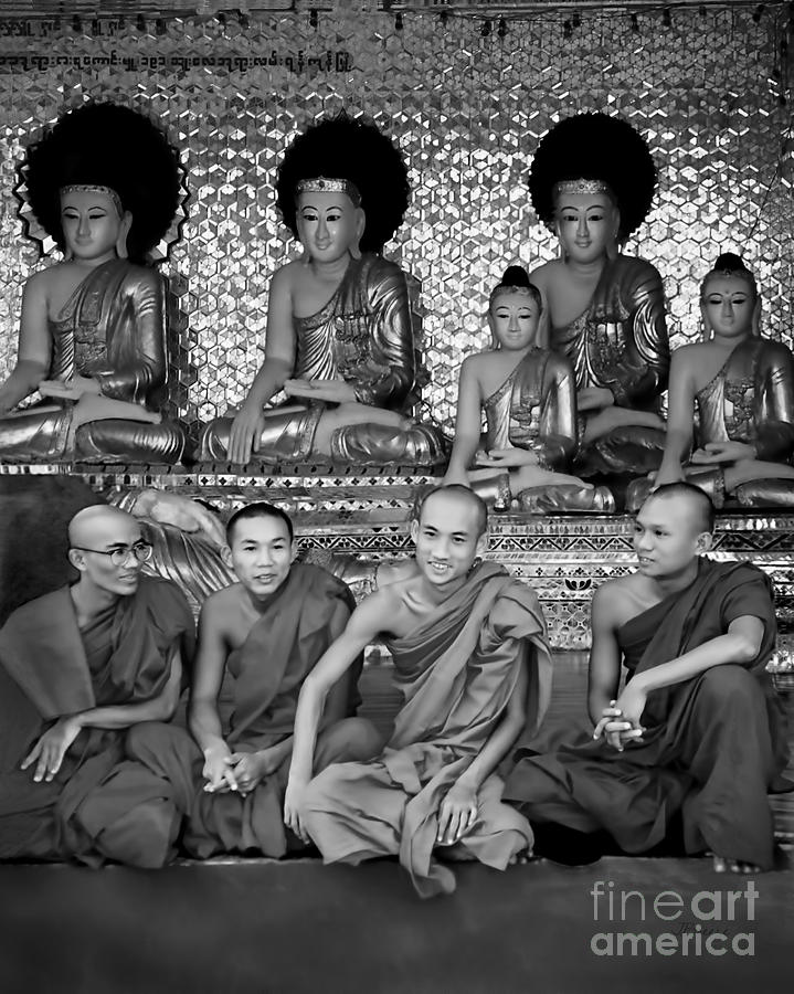 Buddhas and Monks in Burma..BW Photograph by Jennie Breeze