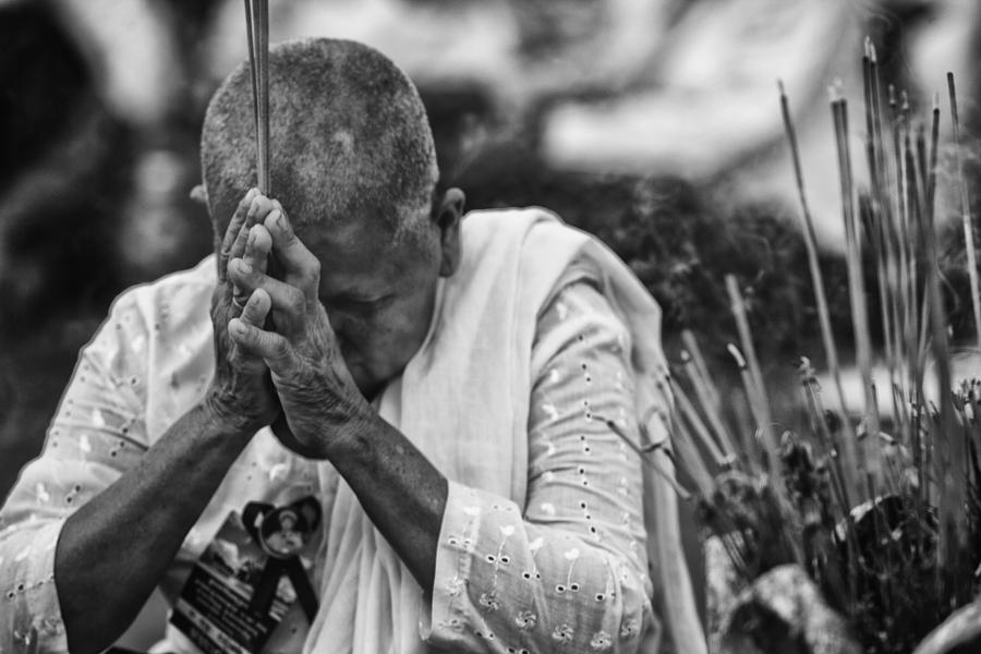 Black And White Photograph - Buddhist Nun Prayers by David Longstreath