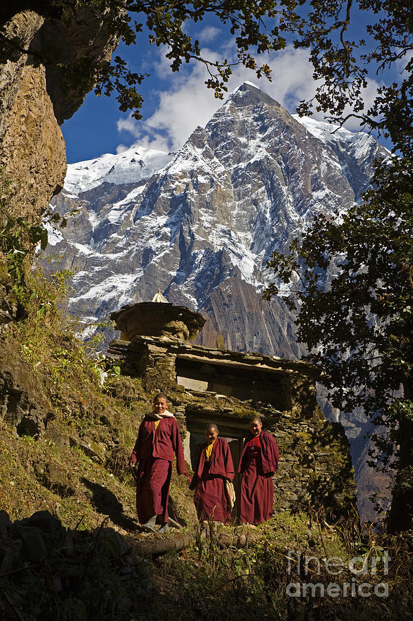 Buddhist Nuns and Himalayas - Nupri Nepal Photograph by Craig Lovell
