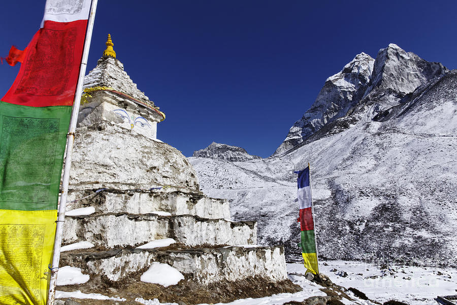 Stupa Photograph - Buddhist stupa and prayer flags at Dingboche village in the Everest Region of Nepal by Robert Preston