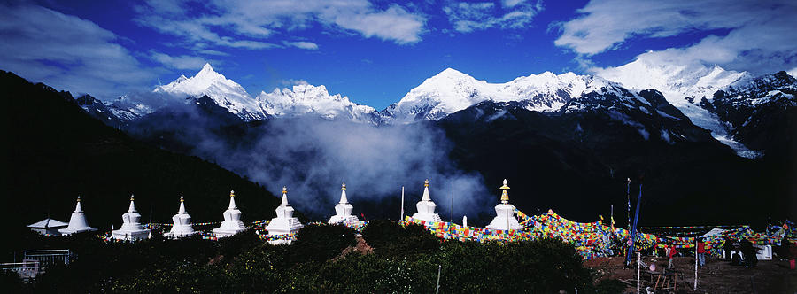 Buddhist Stupas And Prayer Flags With Photograph by Richard Ianson