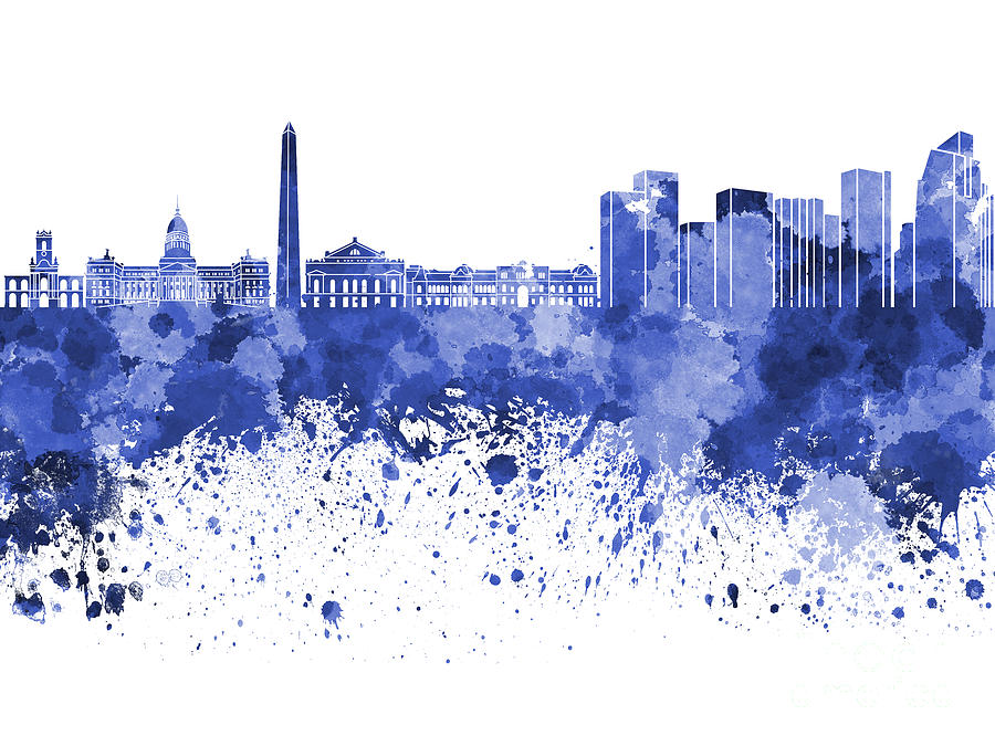 Buenos Aires Skyline In Blue Watercolor On White Background Painting By Pablo Romero