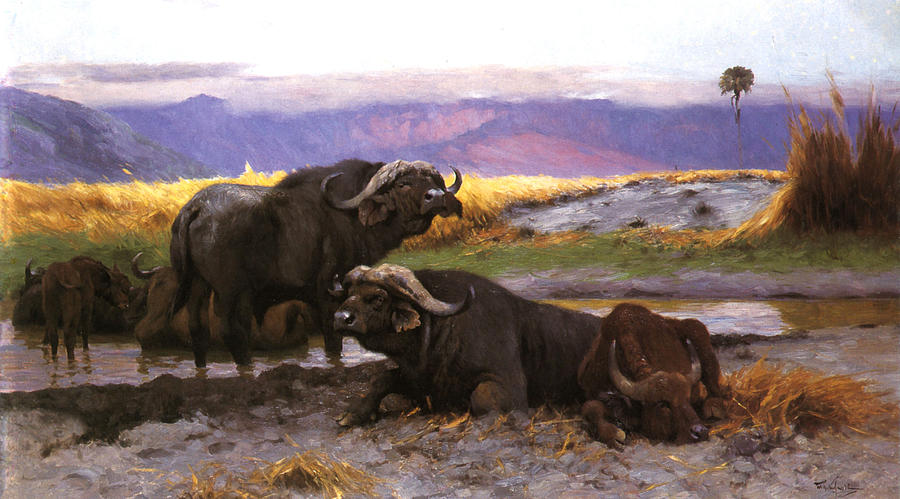 Buffalo Along The River Bank Digital Art by Friedrich Wilhelm Kuhnert
