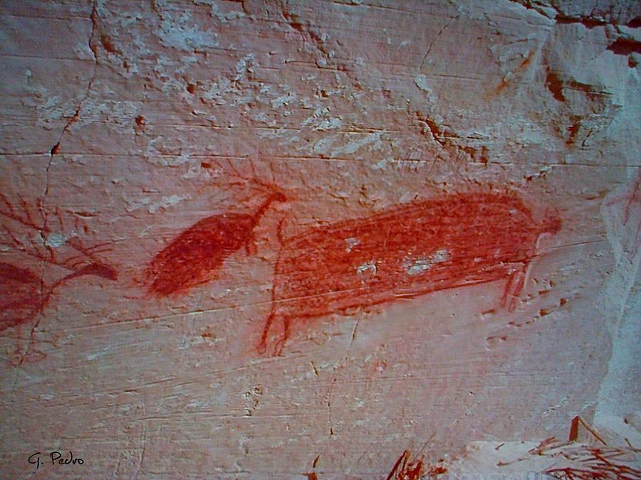 Buffalo and Elk Cave Painting Painting by George Pedro