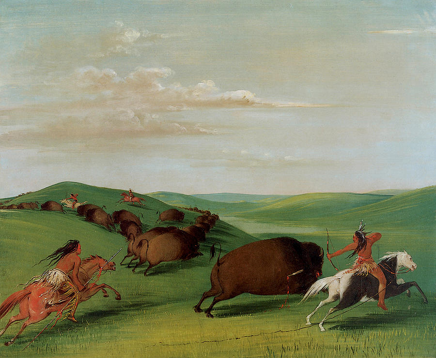 George Catlin Painting - Buffalo chase with Bows and Lances by George Catlin