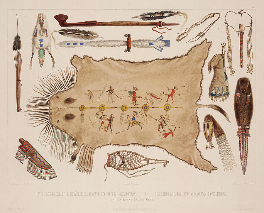 Buffalo Robe and other articles of the Mandans Drawing by Karl Bodmer