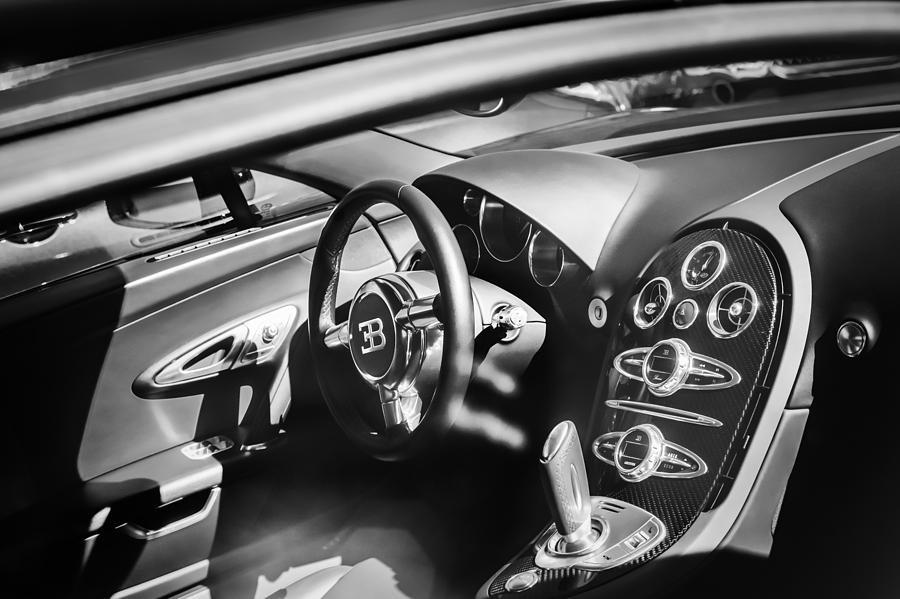 Black And White Photograph - Bugatti Veyron Legend Steering Wheel -0484bw by Jill Reger