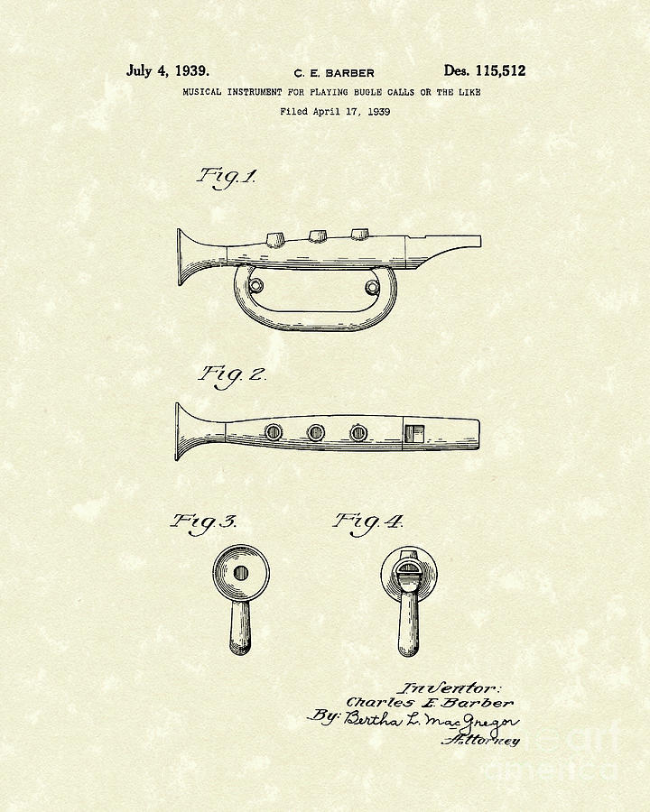 Bugle 1939 Patent Art Drawing by Prior Art Design