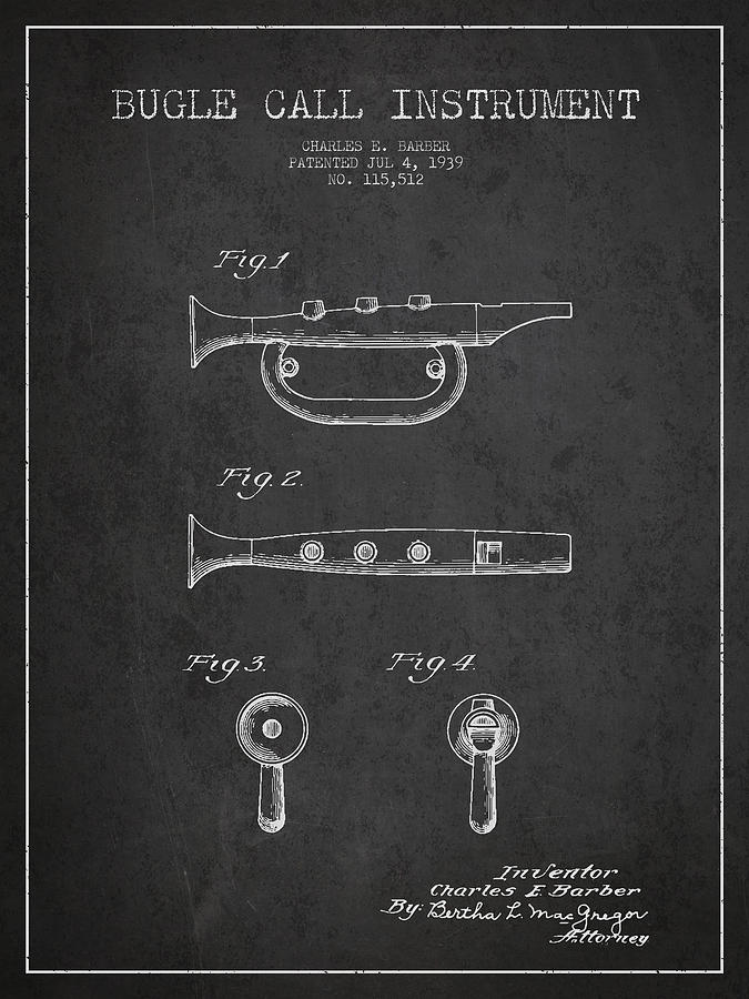 Bugle Call Instrument Patent Drawing From 1939 - Dark Digital Art